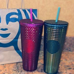 🍁Starbucks Fall 2022🍁 Berry Bling Studded + Green Rainforest Grid Tumbler Cup